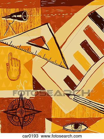 Collage of a triangle ruler, pencil, telescope, eye, hand, chart and compass View Large Illustration Drawing - Collage of a triangle ruler, pencil, telescope, eye, hand, chart and compass. Fotosearch
