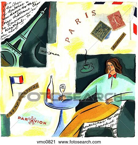 Clip Art - Collage of a woman sitting and enjoying wine in Paris. Fotosearch