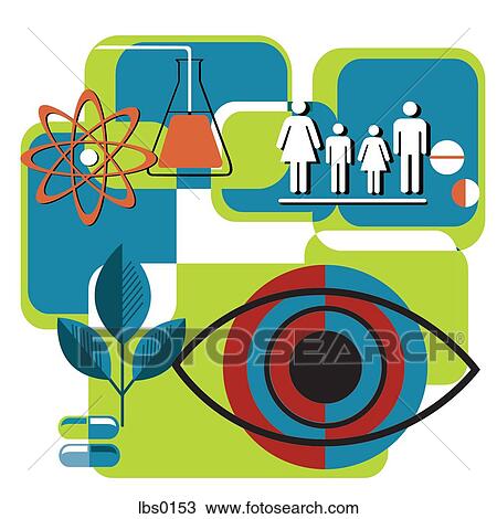 Drawing - Collage of an atomic family, an eye, a beaker, a plant, and pills. Fotosearch