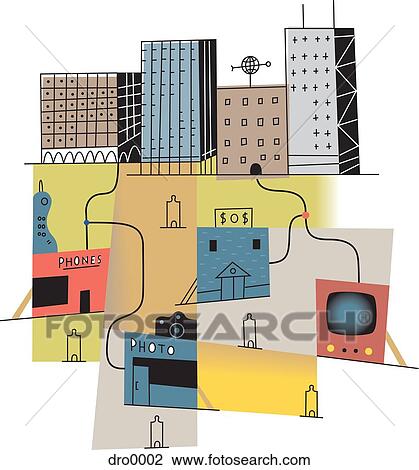 Drawing - Collage of buildings representing virtual storefronts. Fotosearch