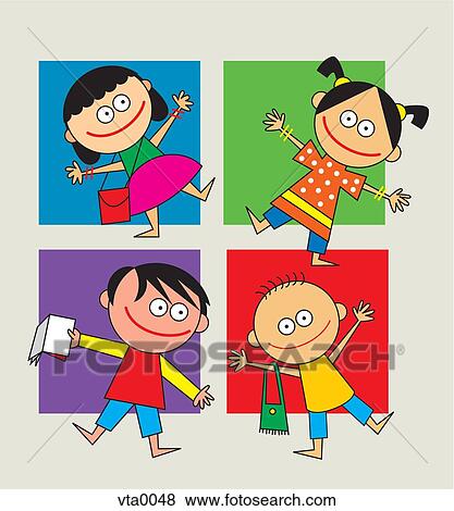 Collage of four children standing against four colored squares View Large Illustration Stock Illustration - Collage of four children standing against four colored squares. Fotosearch