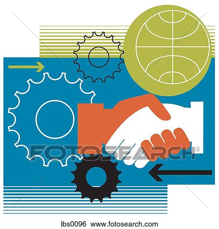 Stock Illustration - Collage of handshake, gears and arrows. Fotosearch