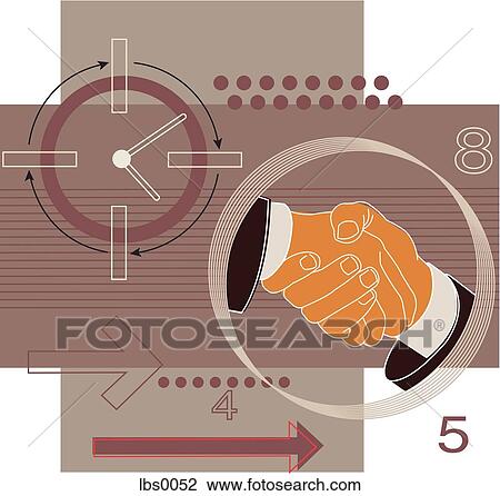 Collage of handshake, numbers and clock View Large Illustration Drawing - Collage of handshake, numbers and clock. Fotosearch