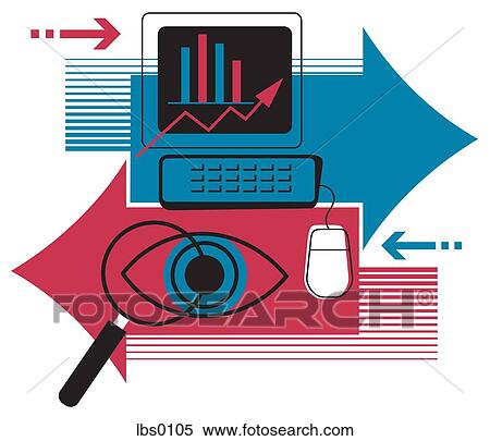 Stock Illustration - Collage with a computer, chart, eye, arrows and magnifying glass. Fotosearch