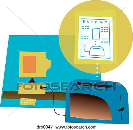 Stock Illustration - Computer connected to a toaster with patent, depicting quick easy patents online. Fotosearch