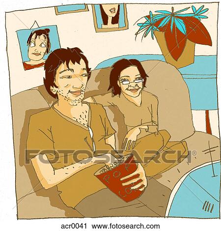 Clip Art - Couple sitting on couch, eating popcorn and watching television. Fotosearch