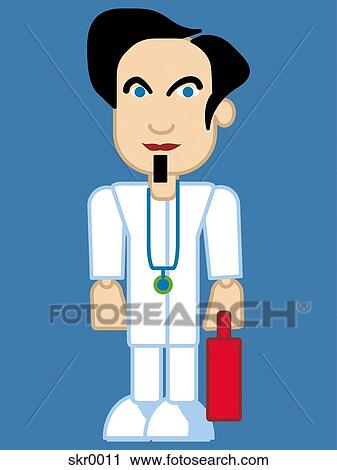 Clip Art - Doctor carrying a first aid kit, on blue background. Fotosearch