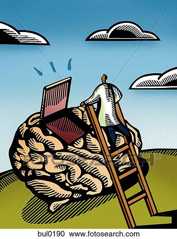 Clipart - Doctor climbing a ladder to look inside a giant brain. Fotosearch