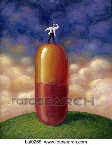 Stock Illustration - Doctor looking out into the distance while standing on a giant capsule pill. Fotosearch