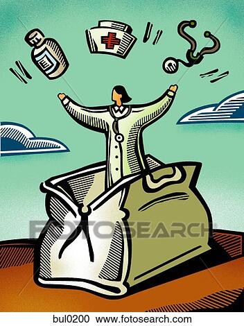 Clipart - Doctor standing in a medical bag juggling different items. Fotosearch