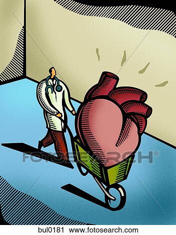 Clip Art - Doctor transporting a giant heart in a wheelbarrow. Fotosearch
