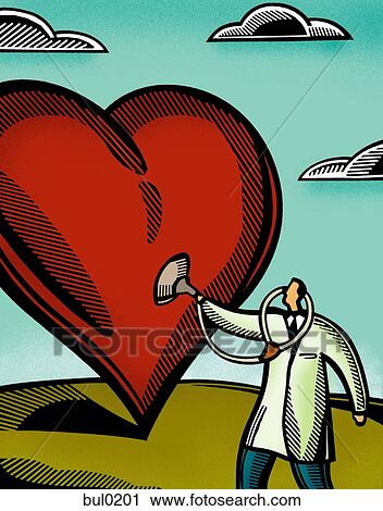 Clip Art - Doctor using a stethoscope to examine a giant heart. Fotosearch