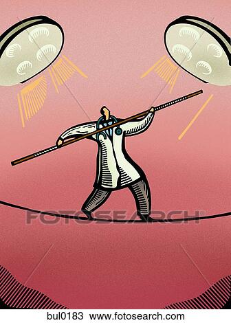 Doctor walking on a tightrope under surgical lights View Large Illustration Drawing - Doctor walking on a tightrope under surgical lights. Fotosearch