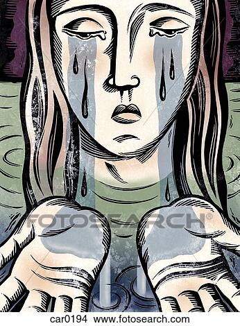 Stock Illustration - Drawing of a crying woman catching her tears in her hands. Fotosearch