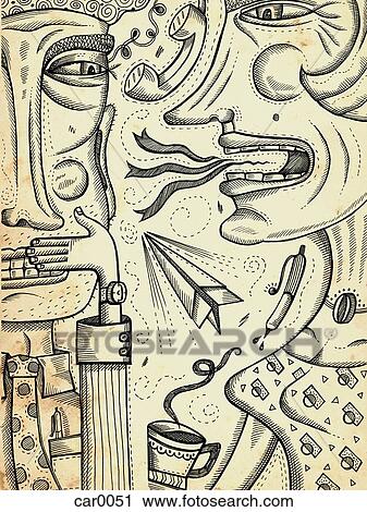 Clip Art - Drawing of a woman talking to a man, with coffee cup, paper airplane, telephone and pen between them. Fotosearch