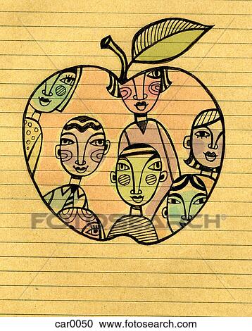 Drawing on note paper of an apple with students inside View Large Illustration Clipart - Drawing on note paper of an apple with students inside. Fotosearch