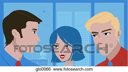 Stock Illustration - Faces of three colleagues talking at work. Fotosearch
