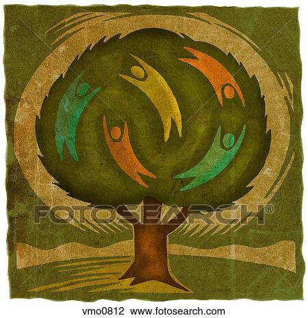 Drawing - Five human figures floating in a tree. Fotosearch