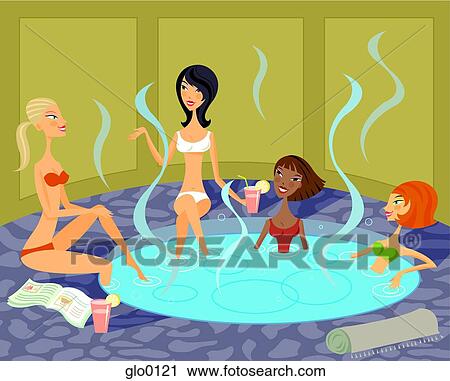 Clip Art - Four female friends chatting while sitting in a hot tub. Fotosearch