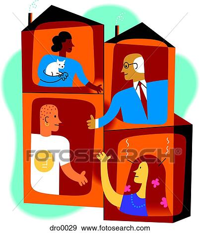 Four people in separate houses communicating with one another to symbolize community diversity View Large Illustration Stock Illustration - Four people in separate houses communicating with one another to symbolize community diversity. Fotosearch