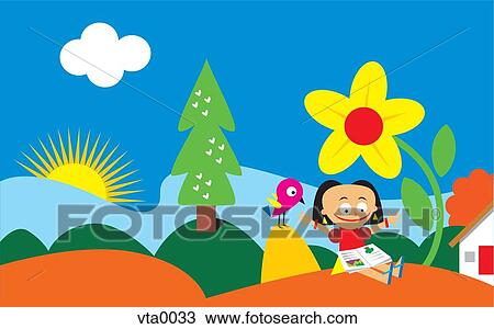 Drawing - Girl reading book, sitting next to a bird and flower on hills. Fotosearch