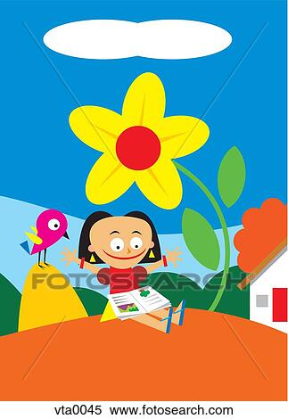 Girl reading book, sitting next to a bird and flower View Large Illustration Stock Illustration - Girl reading book, sitting next to a bird and flower. Fotosearch