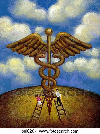 High angle view of a man and woman climbing ladders leading to a giant caduceus View Large Illustration Stock Illustration - High angle view of a man and woman climbing ladders leading to a giant caduceus. Fotosearch