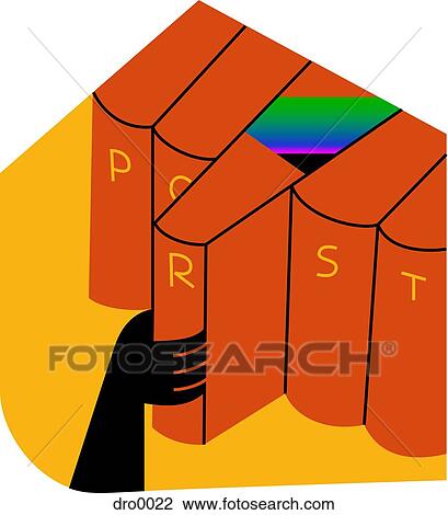 Drawing - Human hand pulling a volume from a row of red books. Fotosearch