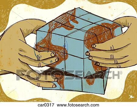 Stock Illustration - Human hands playing with a puzzle with pattern of the globe on it. Fotosearch