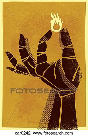 Drawing - Illustration of a human hand holding a small flame. Fotosearch