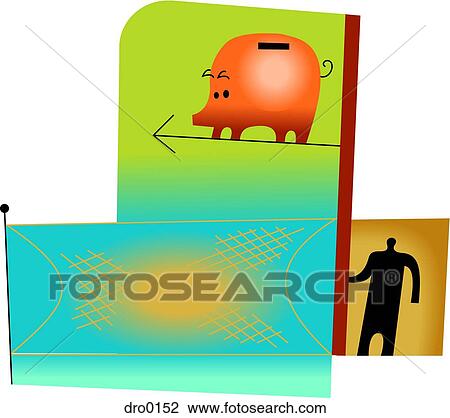 Illustration of a piggy bank jumping into a safety net View Large Illustration Drawing - Illustration of a piggy bank jumping into a safety net. Fotosearch