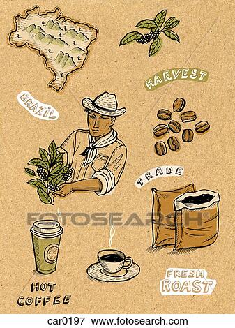 Stock Illustration - Illustration of Brazilian coffee showing a coffee grower, coffee beans, and fresh cups of coffee. Fotosearch
