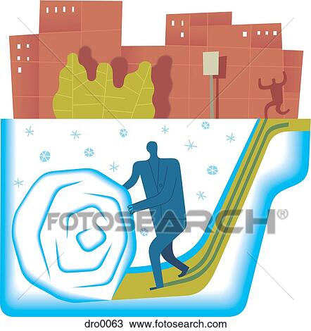 Man making a giant snowball, with shadow following View Large Illustration Drawing - Man making a giant snowball, with shadow following. Fotosearch