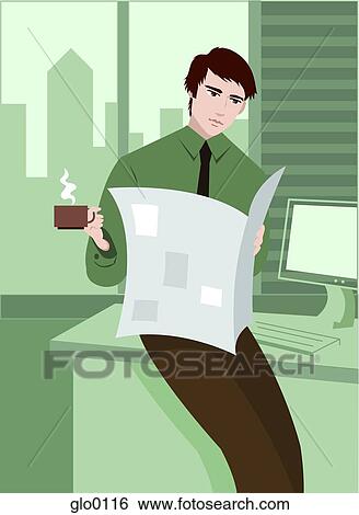 Man reading newspaper and having coffee at office View Large Illustration Stock Illustration - Man reading newspaper and having coffee at office. Fotosearch