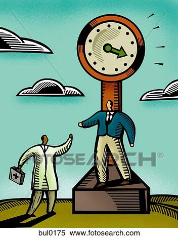 Stock Illustration - Man standing on a weighing scale, while a doctor stands by extending his hand. Fotosearch