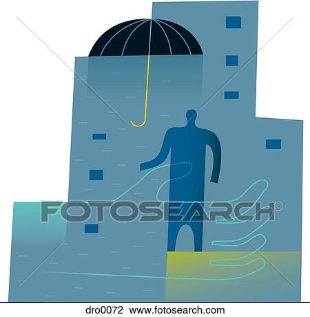 Drawing - Man standing under an umbrella with a giant hand, illustrating the Insurance business. Fotosearch