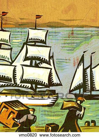 Men carrying crates at a shipping yard, with sailing ships near the shore View Large Illustration Clipart - Men carrying crates at a shipping yard, with sailing ships near the shore. Fotosearch