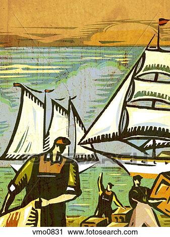 Clip Art - Men working at a shipping yard, with tall sailing ships coming to shore. Fotosearch