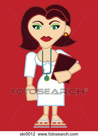 Drawing - Nurse holding a patient chart on red background. Fotosearch