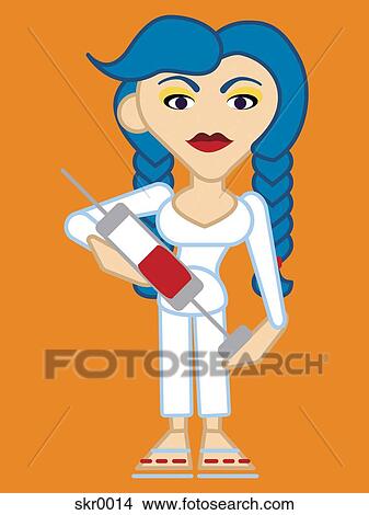 Stock Illustration - Nurse with a giant syringe against an orange background. Fotosearch