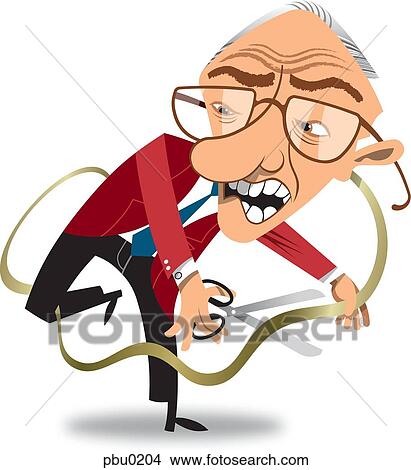 Stock Illustration - Old man with scissors cutting ribbon. Fotosearch