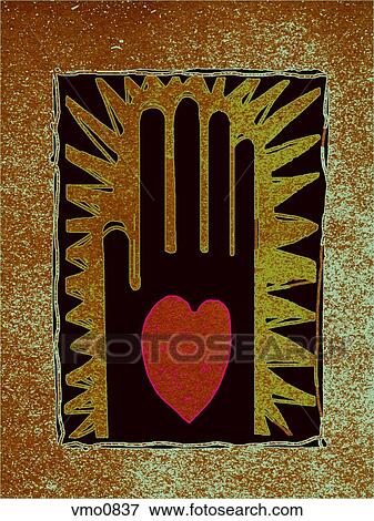 Palm of a hand with a heart, against distressed background View Large Illustration Stock Illustration - Palm of a hand with a heart, against distressed background. Fotosearch