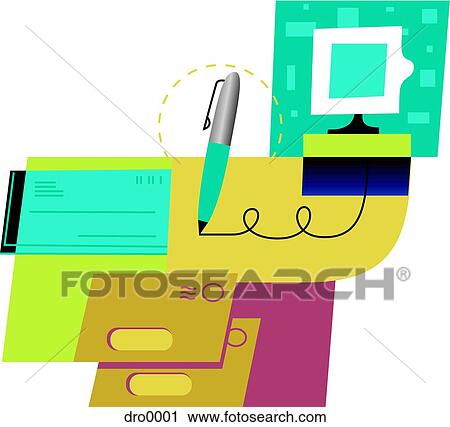 Clip Art - Pen, cheque and computer illustrating online bill payment. Fotosearch