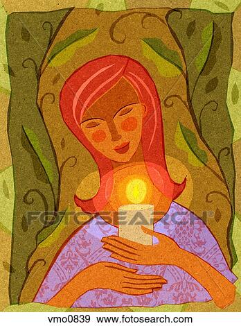 Portrait of a woman holding a lit candle View Large Illustration Stock Illustration - Portrait of a woman holding a lit candle. Fotosearch