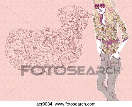 Portrait of a young woman standing against pink background, with a variety of objects forming a bubble on left View Large Illustration Stock Illustration - Portrait of a young woman standing against pink background, with a variety of objects forming a bubble on left. Fotosearch