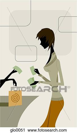 Clip Art - Profile of a woman paying for merchandise with cash. Fotosearch