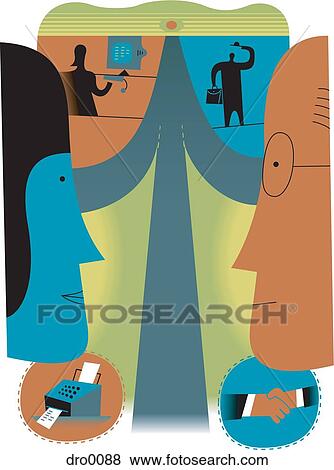 Stock Illustration - Profiles of a man and woman looking at one another, to symbolize different ways of communication. Fotosearch