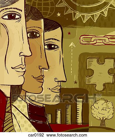 Drawing - Profiles of three people against a collage of chain, tree, sun and puzzle piece. Fotosearch