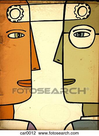 Profiles of two men connected to each other by gears View Large Illustration Drawing - Profiles of two men connected to each other by gears. Fotosearch