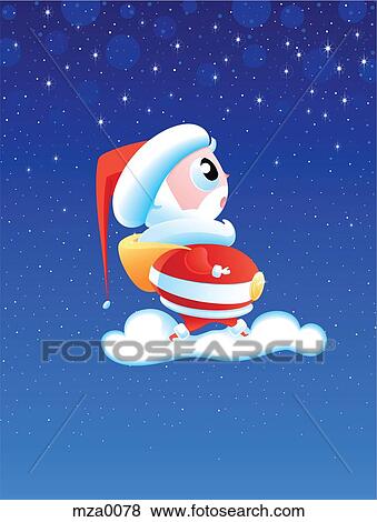 Stock Illustration - Santa Claus on a cloud, looking at stars in the night sky. Fotosearch